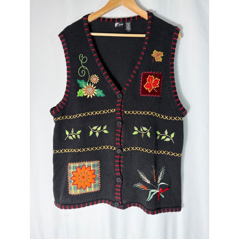 Holiday Editions Autumn Harvest Knit Sweater Vest Black Floral Fall XL